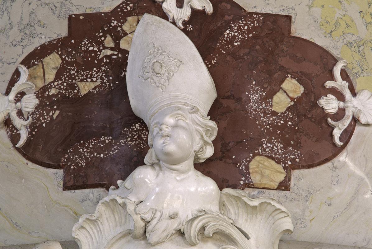 Cherub's head with bishop's miter, stucco relief in the palace chapel, Meersburg New Palace