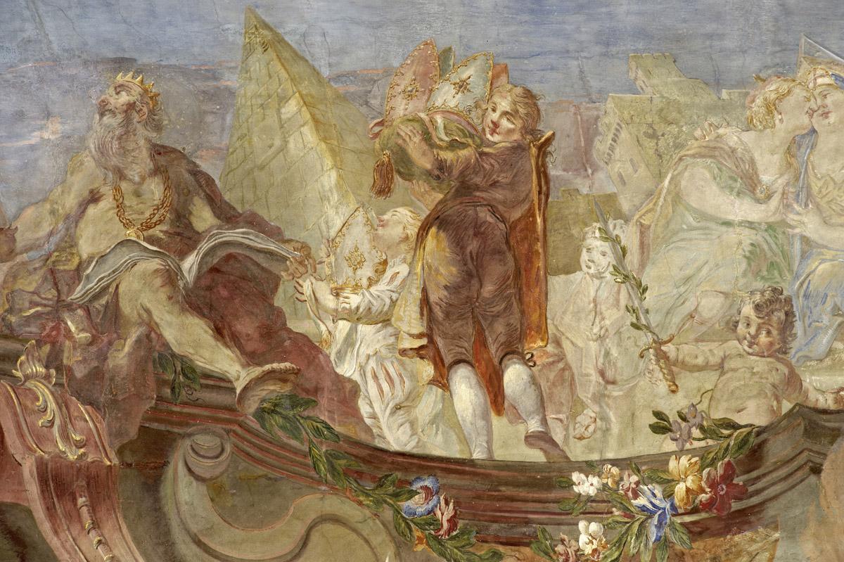 Glorification of Franz Konrad von Rodt and his land, by Giuseppe Appiani, 1761, fresco on the staircase, Meersburg New Palace