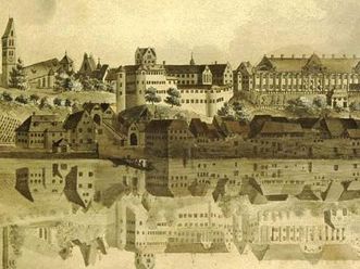 Altes und Neues Schloss Meersburg von der Seeseite, aquarellierter Kupferstich von Heinrich Bleuler um 1800