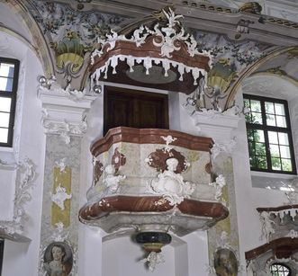 Pulpit in the palace church with stucco adornment, Meersburg New Palace