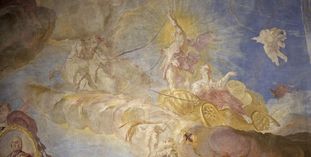 Detail from the glorification of Franz Konrad von Rodt and his land, ceiling fresco on the staircase of Meersburg New Palace, by Giuseppe Appiani, 1761.