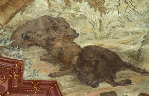 Erlegte Wildschweine, Ausschnitt aus dem Deckengemälde im Festsaal des Neuen Schloss Meersburg von Giuseppe Appiani 1762, Foto: Staatliche Schlösser und Gärten Baden-Württemberg, Arnim Weischer