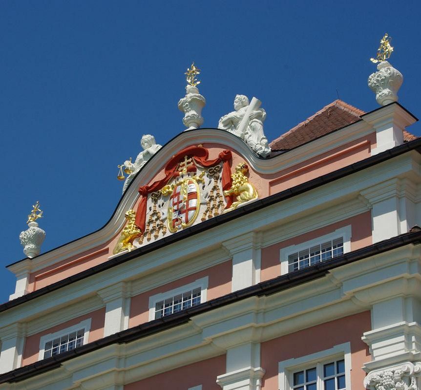 Pediment with coat of arms and statuary, Meersburg New Palace