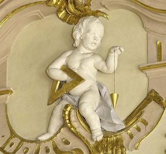 Cherub with square and pendulum, detail from the ceremonial hall, Meersburg New Palace