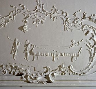 18th-century stucco relief, Meersburg New Palace: Aristocrats playing billiards