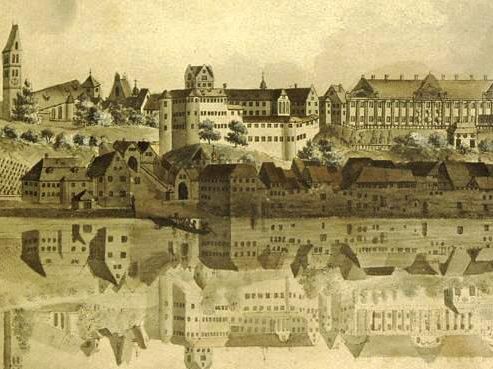 Altes und Neues Schloss Meersburg von der Seeseite, aquarellierter Kupferstich von Heinrich Bleuler um 1800