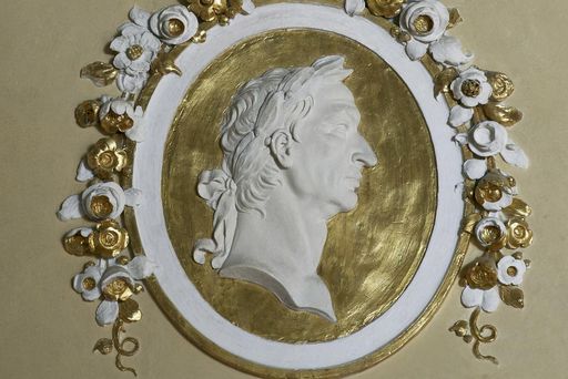 Emperor's head, late Rococo stucco in the ceremonial hall, Meersburg New Palace, by Carlo Pozzi