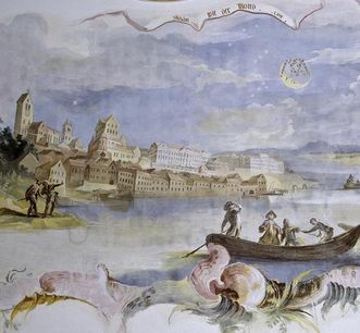 Lake side with Meersburg New Palace, detail of a ceiling fresco in the Meersburg-Baitenhausen chapel, circa 1750